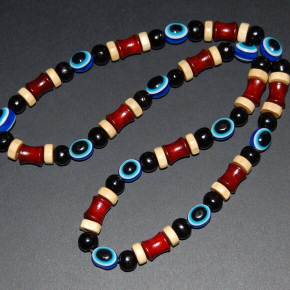 Evil Eye Necklace,Evil Eye Wood Necklace,Fatima Necklace,Good Luck Necklace - Picture 3 of 4